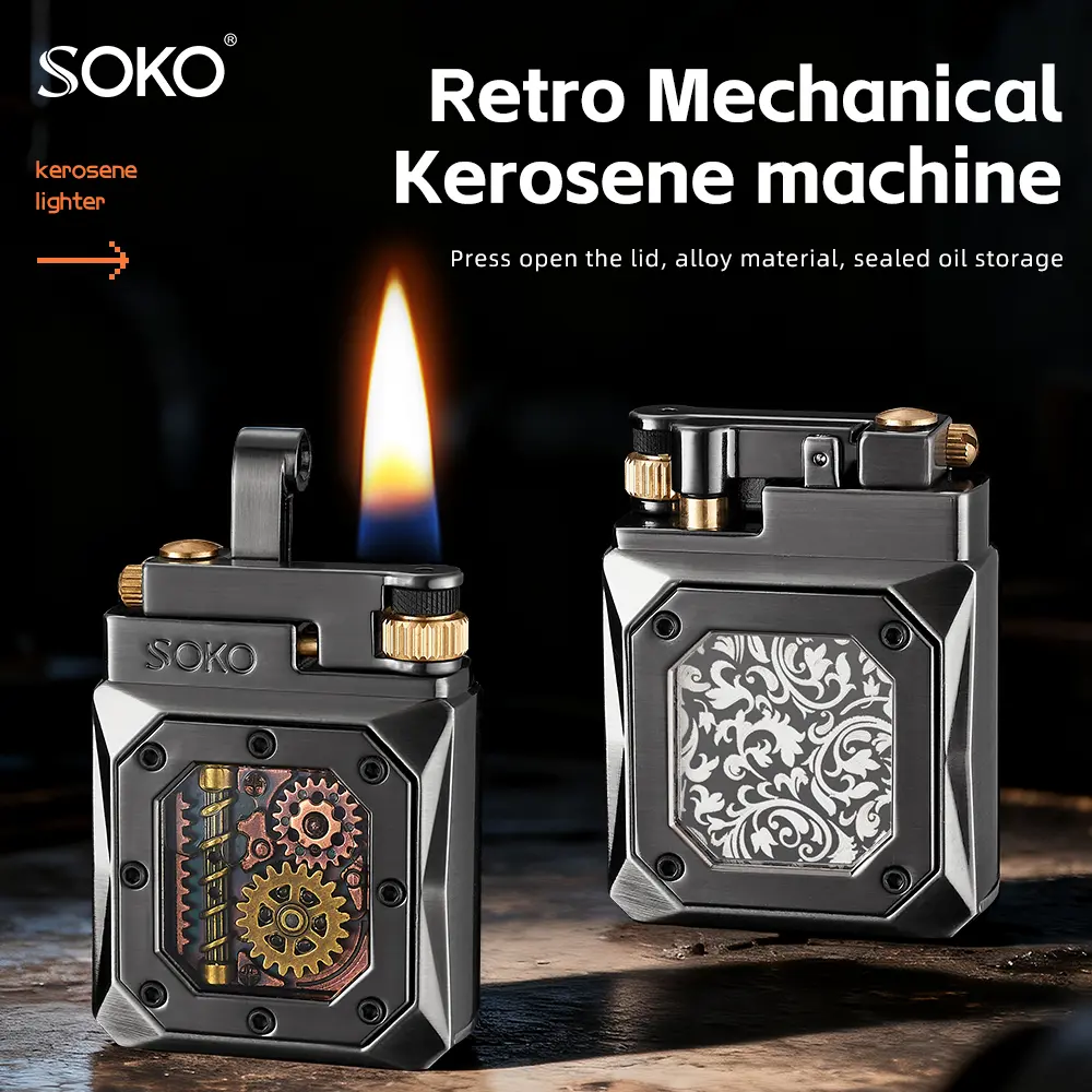 SOKO High-End Classic Alloy Metal Mechanical Retro Kerosene Lighter - Push Button, Smooth Wheel Gear Transmission, See-Through Fuel Tank, Home Supplies Accessory, Holiday Gift (Kerosene Not Included)