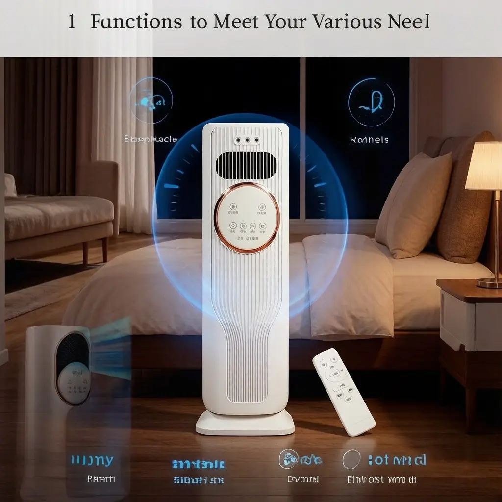 Portable Vertical Tower Cooling & Heating Combo Fan, Ice Crystal Air Cooler Heater with Remote, 3 Adjustable Speeds, Energy Efficient Mini AC Fan for Travel Camping, Home Bedroom, Office Desk Use