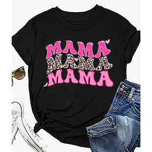 MAMA Leopard Heart Print T-Shirt for Women, Mother's Day Shirt For Mom, Casual Crew Neck Tee, Women's Clothing
