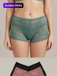 Women's Floral Lace Bow Scallop Sheer Knicker, Comfy Breathable Panty for Daily Wear, Women's Underwear Bottoms for All Seasons, Summer Outfits 2024, Trim Lace Panty