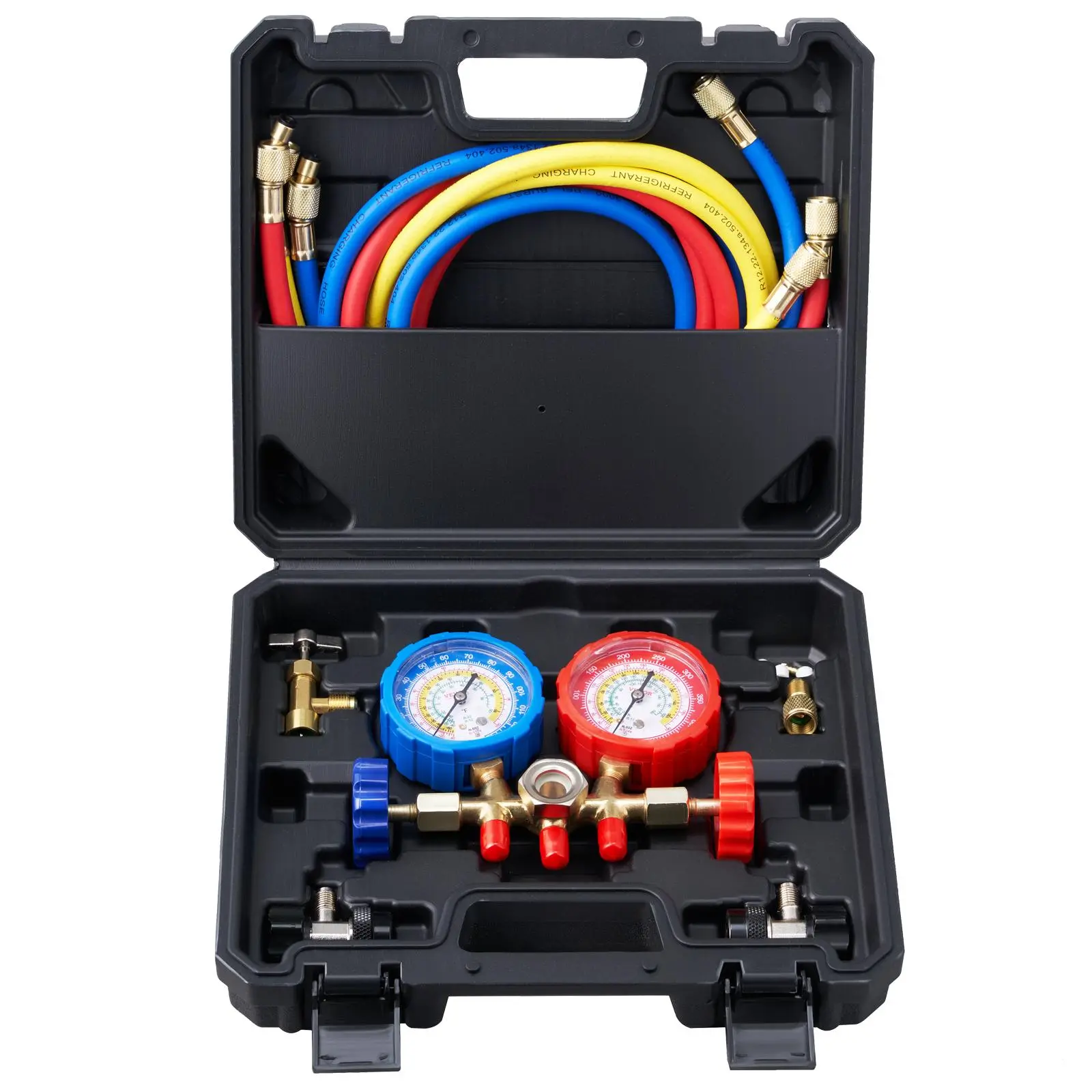 【summerfinds】VEVOR AC Manifold Gauge Set, ac gauge set for car ac repair, 3-Way Refrigerant Gauges for R134a R404A R1234yf R22 with 5ft Hoses, Couplers & Adapters - Auto HVAC Tool for AC Charging, Diagnosing, Evacuation