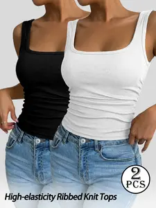 2 Pack Ruched Square Neck Tank Tops | Plus Size Stretchy Ribbed Knit women, Fits, Fabric