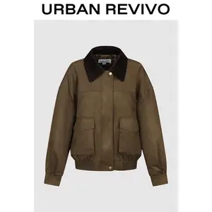 URBAN REVIVO Women's Elegance Long-Sleeve Classic Flap-Pocket Bomber Jacket - Normal Type Outerwear, Beige, UYL150069