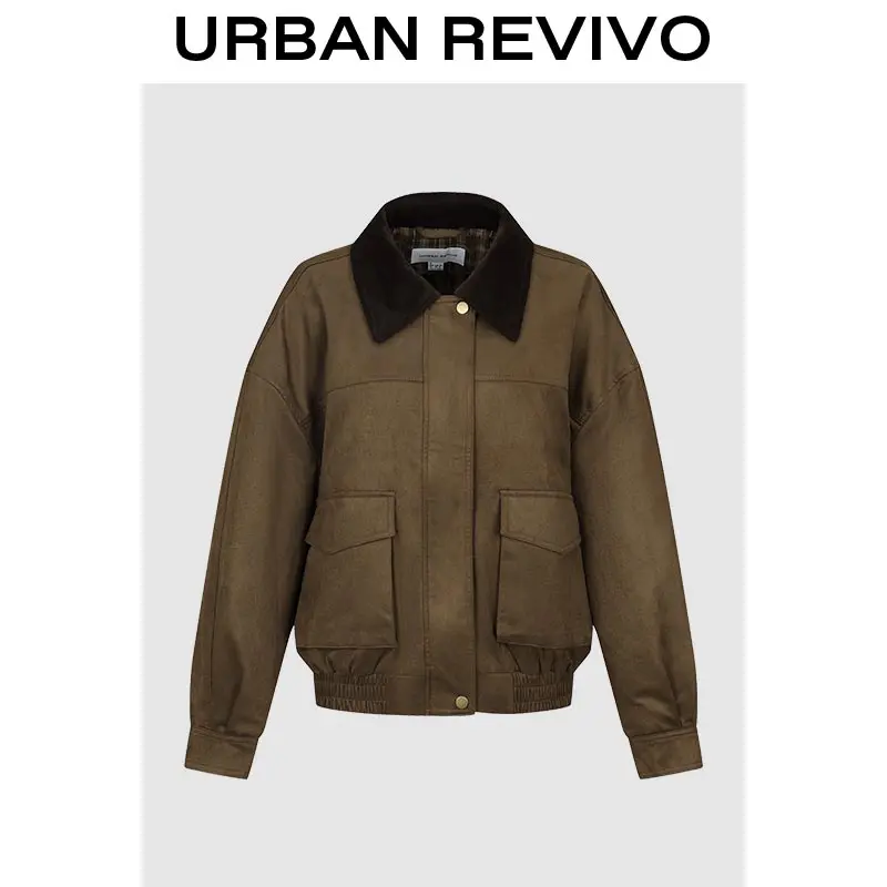 URBAN REVIVO Women's Classic Bomber Jacket, Western Style Long-Sleeve Outerwear with Flap Pockets, Beige, Elegant, Lady, Do Not Dry Clean, Elegance