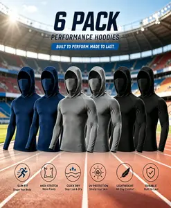 6 Pack Compression Sun Hooded Shirts, Breathable Quick Dry UPF Long Sleeve Active Tops with Attached Face Mask for Construction Fishing Outdoor Sports