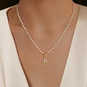Tewiky Gold Pearl Beaded Crown Cross Necklace for Women, 4mm Pearls 3mm Beads Dainty Layered Style Jewelry Gift For Easter day
