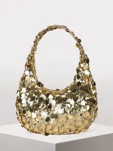 Stitched Zipper Closure PVC Sequin Crescent Bag, Fashion Design Handbag, Women's Evening Party Bag, Large Capacity Sparkling Clutch