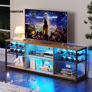 HNEBC Wine Bar Cabinet with Lights, LED TV Stand for 75 Inch TV, Television Stands with Charging Station Furniture Home&Office