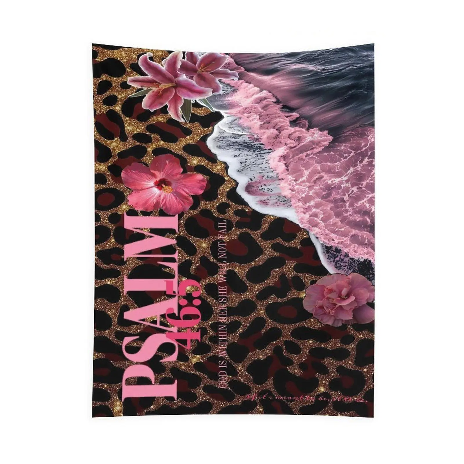 Psalm 46:5 Christian Tapestry Wall Hanging, Pink Floral Leopard Print Faith Design, Bible Verse Religious Bedroom Decor, Inspirational Living Room Decoration