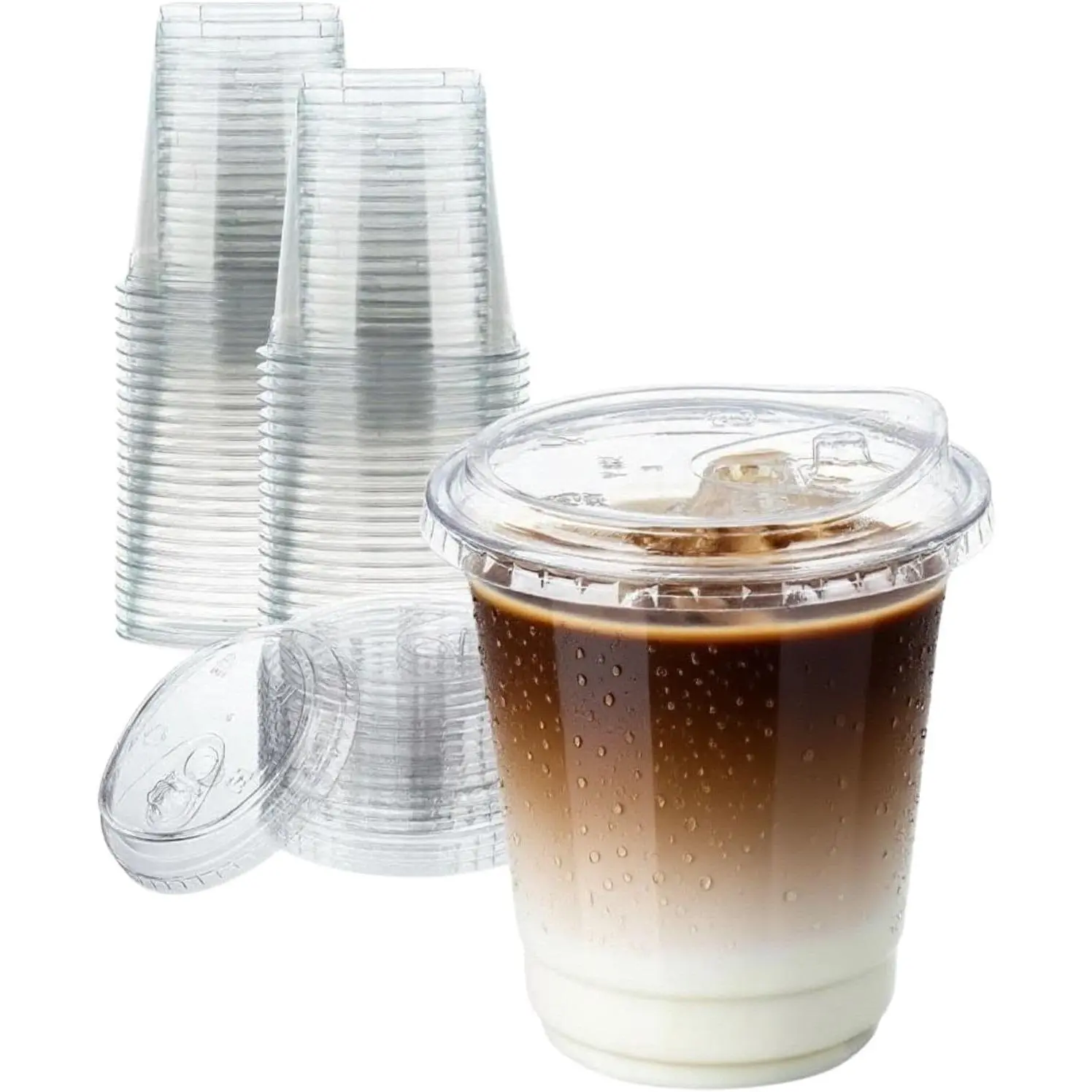 25 Sets- 12 oz Clear Plastic Cups with Strawless-Sip-, Disposable Cup Plastic Iced Coffee Cups for Cold Drinks, Smoothies and Juices