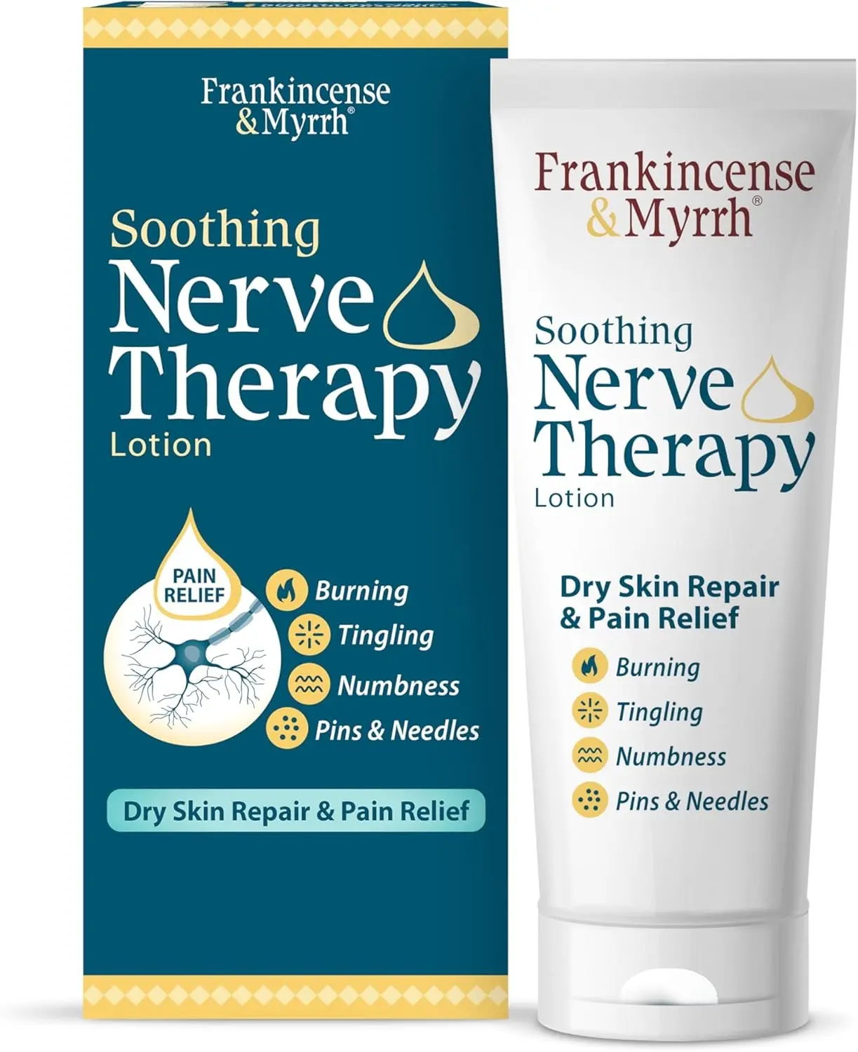 FRANKINCENSE & MYRRH Nerve Therapy Lotion,Diabetic Hands & Feet Relief, 3oz | Menthol + 9 essential oils relieve burning, tingling & numbness while moisturizing dry skin on hands and feet. Diabetes safe.