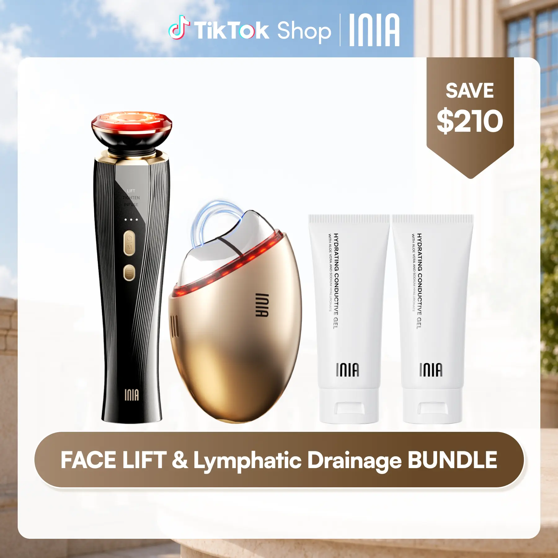 【LIVE EXCLUSIVE】INIA GLACE & FLARE Bundle – All-in-1 Face & Neck Sculpting Beauty Device for Lymphatic Drainage with Microcurrent Lifting, Lift, Tighten, De-Puff, Serum Infusion, Red & Blue Light, Thermal & Cryo Therapy, Buy 1 Get 4, Ideal Gift Set, Cordl