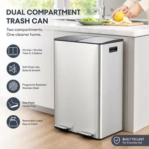 Garvee 8 Gallon Dual Compartment Trash Can 30L Stainless Steel Recycling Bin With Soft Close Lid And Removable Inner Buckets For Kitchen Office