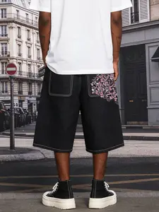 Retro distressed cherry blossom embroidered versatile denim shorts, American street style loose wide-leg versatile mid-length pants