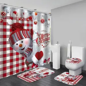 1/4pc Christmas Snowman Red and White Geometric Shower Curtain Set with Tree Design. Includes a bathroom mat, toilet seat cover, and U-shaped mat. Perfect for bathroom decoration, partitioning, and beautifying the space Bathroom Decoration Accessories