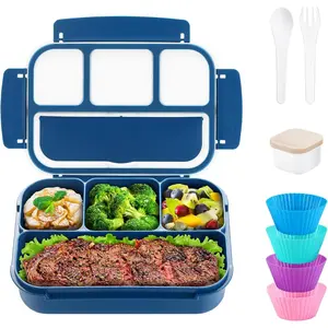 4-Compartment Bento Box for Adults - 1200 ML Leak-Proof Food Container With Muffin Cups, Utensils, Sauce Jar - Microwave & Dishwasher Safe