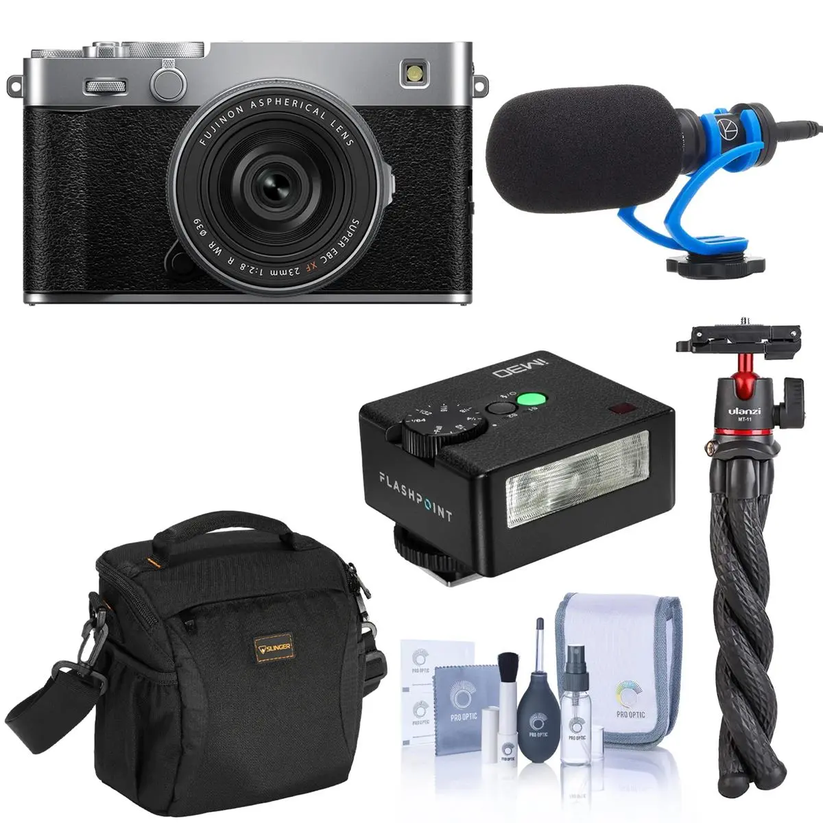 Fujifilm X-E5 Mirrorless Camera with XF 23mm f/2.8 R WR Lens, Silver, Bundle with TASC300 Microphone, MT-11 Tripod, iM30 Mini Flash, Shoulder Bag and Cleaning Kit