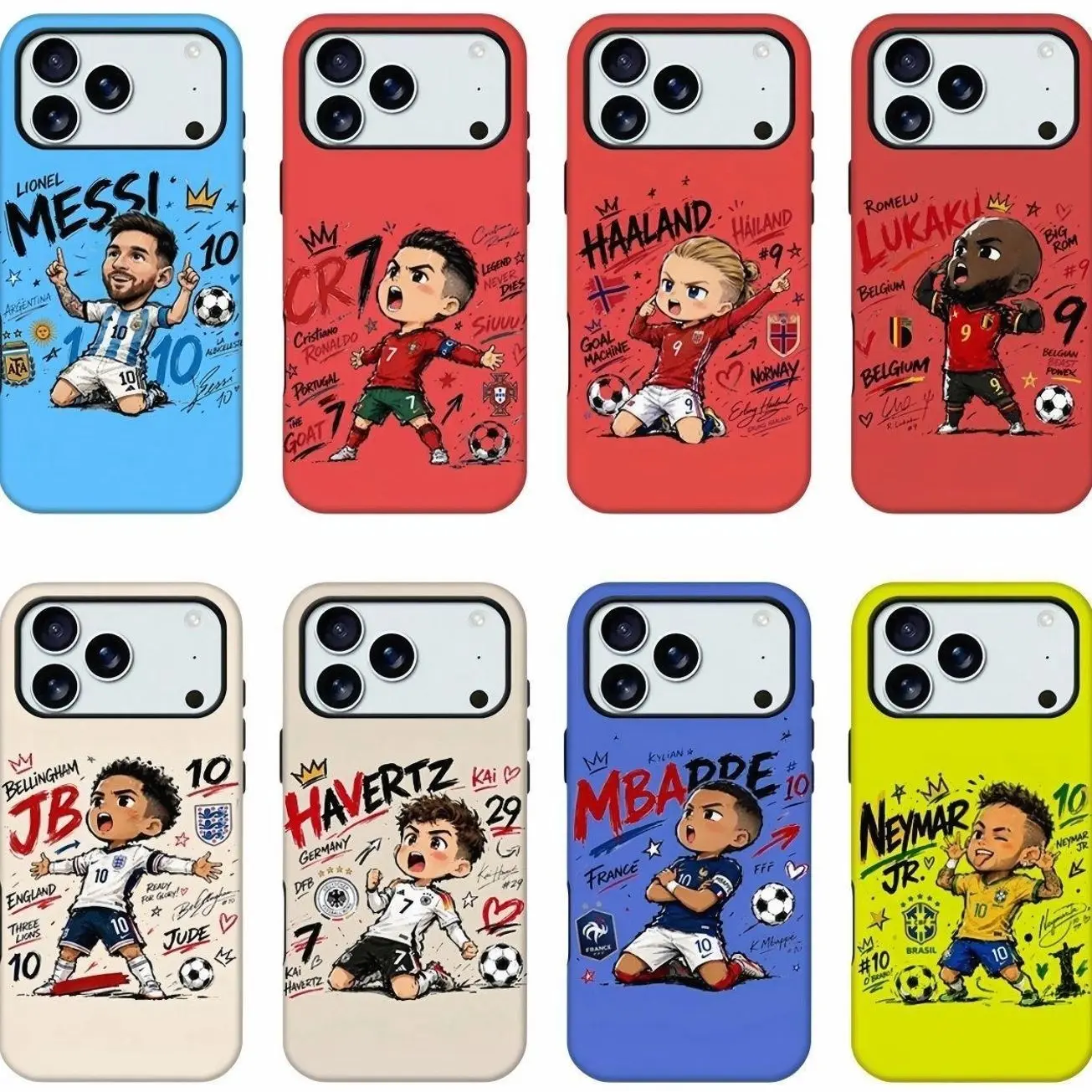 Cute Q-Version Cartoon Football Star Smartphone Case - Graffiti National Team Soccer Athlete Protective Designer Shell, Cellphone Accessories for iPhone 11-17 Pro Max & Samsung S21-S26, Handheld Girly Gift