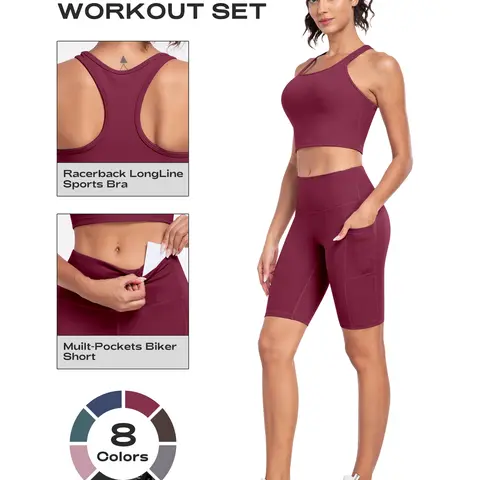 2-Piece Workout Set Racerback Longline Sports Bra & Mult-Pockets Biker Shorts Comfortable Breathable for Everyday Wear Fitness Running Training Sportswear Spring Autumn - Sporty Casual Seamless