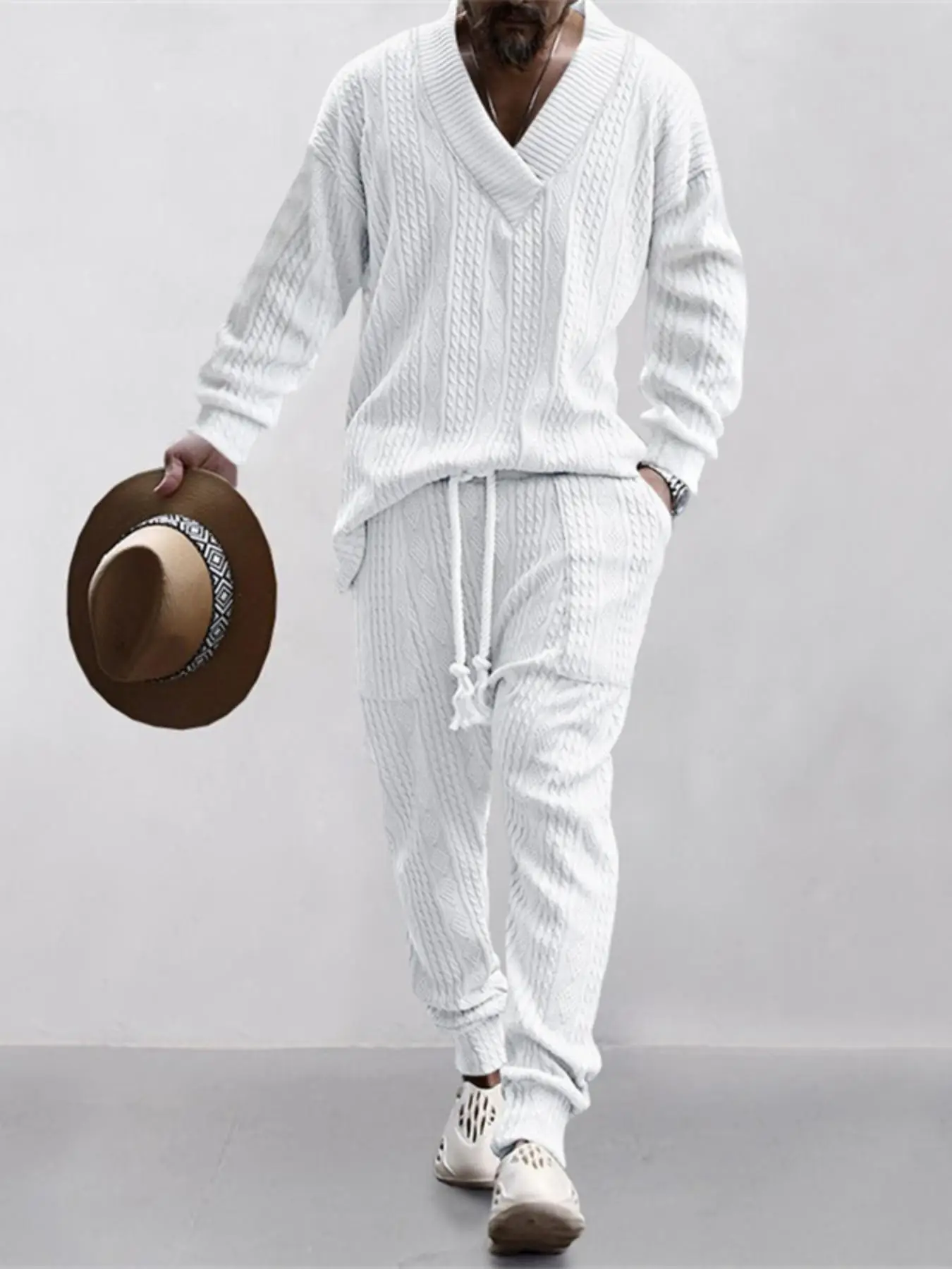 Men's Jacquard Drop Shoulder V Neck Top & Drawstring Waist Pants, Casual Fashion Pullover & Pocket Trousers for Daily Wear, Tracksuit Set, Tracksuits,