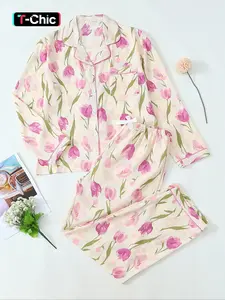 Women's Long Sleeve Pajama Set, Sweet Cute Tulip Floral Button Front Top and Pants, Casual Home Wear for Spring & Fall
