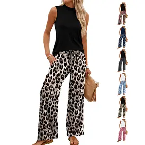 OFEEFAN Two Piece Set for Women Summer Spring Outfits Cruise Travel Airport Beach Vacation Mock Neck Wide Leg Pants Set Womenswear