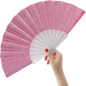 Glitter Women Handheld Fan with Shining Transparent Fan Rib for Wedding,Church,Festival,Dance,Party Prom,Club,EDM Accessory Pink