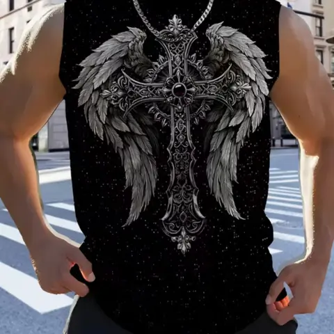 Men's Gothic Wing Cross 3D Printed Vest, Casual Fitted Sleeveless Top, Sleeveless Tank Top, Casual Tank Tops, All over Print, Gothic Clothes, No Ca Prop 65 Warning, Menswear