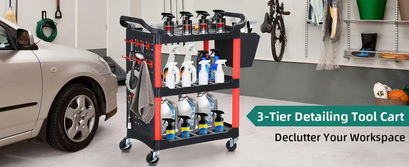 YITAMOTOR Auto Detailing Cart with Wheels, 3 Tier Rolling Detail Cart with Long Hanging Plate & Hooks & Hanging Bucket, Car Wash Organizer Cart for Detailers Garage, Workshop, Repair Shop, Storage Tool organizer  storage storage  containers