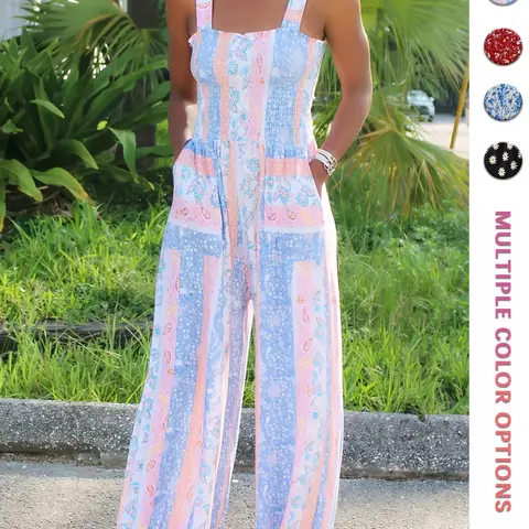 Spring Summer Vacation Boho Style Floral Print Sleeveless Jumpsuit, Soft Stretchy Wide Leg Casual Comfy Romper, Everyday Daily Casual Women's Womenswear