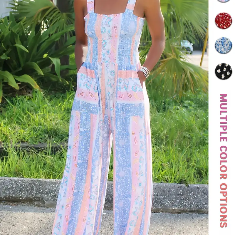 Spring Summer Vacation Boho Style Floral Print Sleeveless Jumpsuit, Soft Stretchy Wide Leg Casual Comfy Romper, Everyday Daily Casual Women's Womenswear