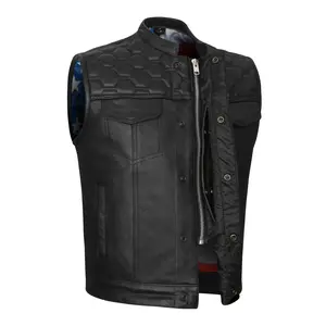 High Mileage Mens Zipper and Snap Closure Leather Club Vest with Quick Access & American Flag Liner