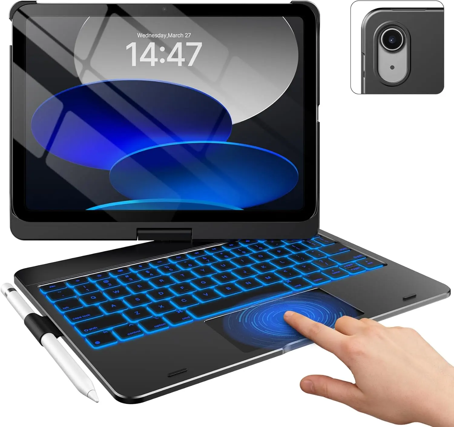 typecase Touch iPad A16 11th/10th Gen Case with Keyboard, 360° Rotating| Multi-Touch Trackpad, 11-Color Backlit, Pencil Holder; Fits iPad A16 11″ (2025) & 10th Gen 10.9″ (2022), Black
