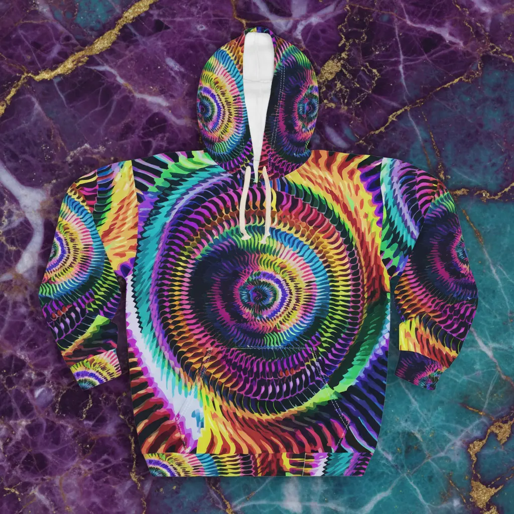 Psychedelic Kaleidoscope Oversized Pullover Hoodie - Aesthetic Festival Rave Top with All-Over Print, Abstract Spiral Maximalist Art Motif, Kangaroo Pocket, Adjustable Hood, Polyester Premium Fabric, Thermal Smooth Woven, Cold Wash, Atmospheric Protection