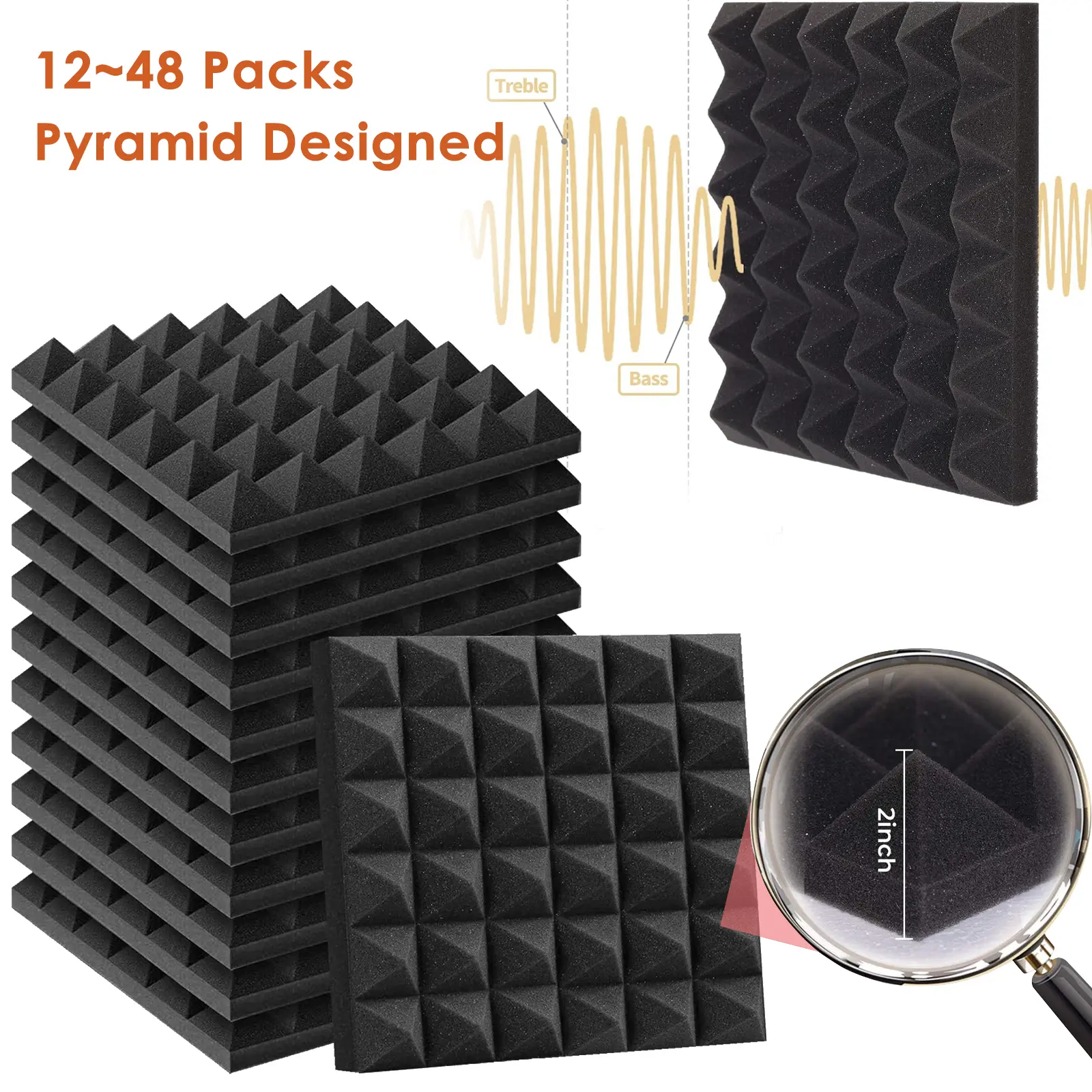 Acoustic Wall Panels 12x12x2" Pyramid Design Soundproof Foam for Meeting Room Office Study Library Cinema Music High-Density Absorbing Fire Resistant 12~48 Packs