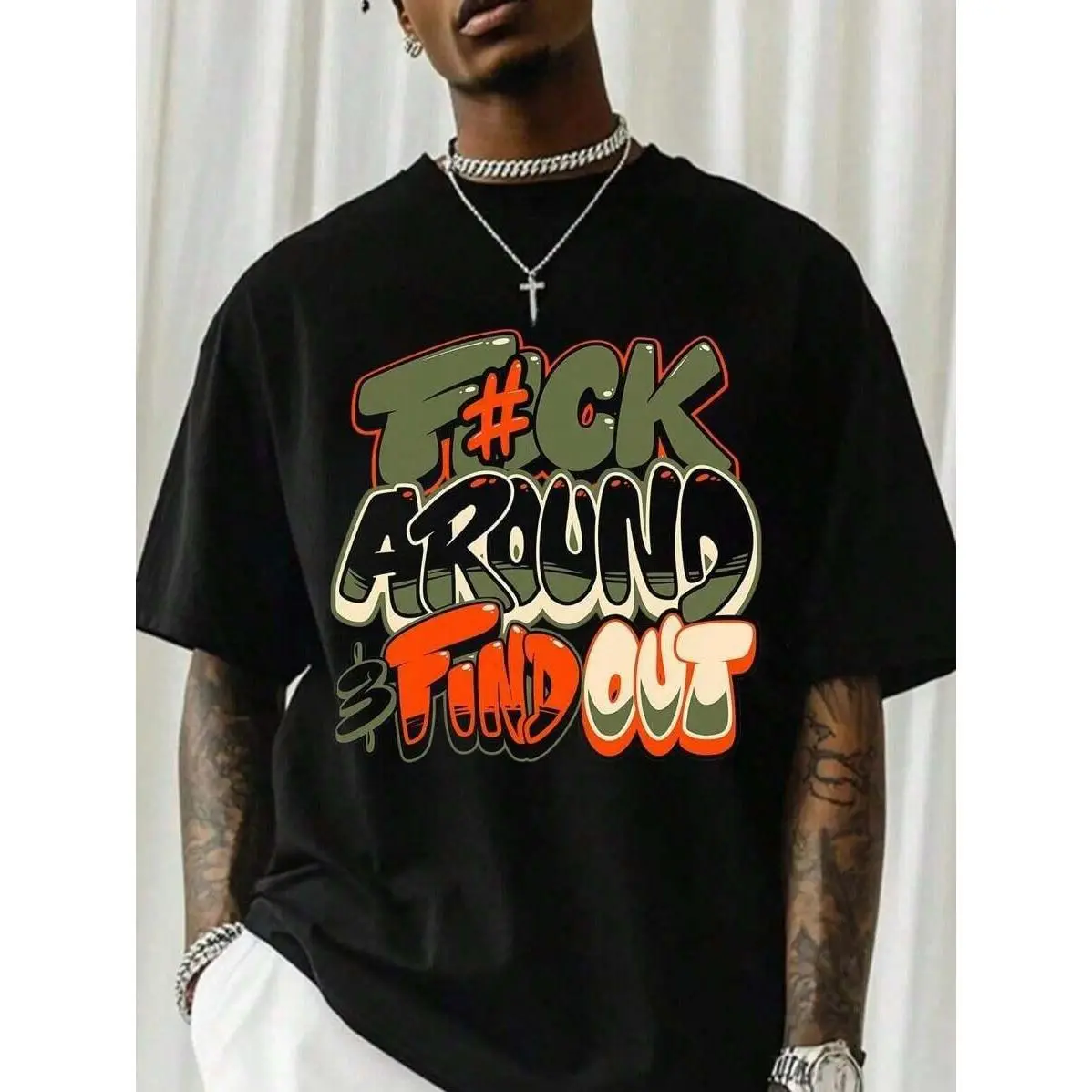 F@K AROUND & FIND OUT Graphic T-Shirt - 180g Heavy Cotton Crew Neck T-Shirt With Bold Orange And Green Graffiti Print, Breathable Short Sleeve Shirt For Summer