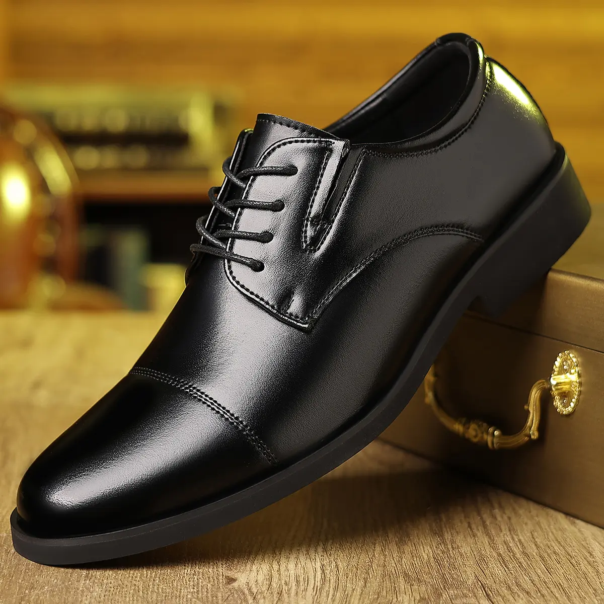 XINMAO Men's Brown Classic Lace-Up Formal Office Footwear - High-Quality PU Leather, Closed Design, Anti-Slip Sole, Comfortable Fit for Business Events, Casual Dress Shoes