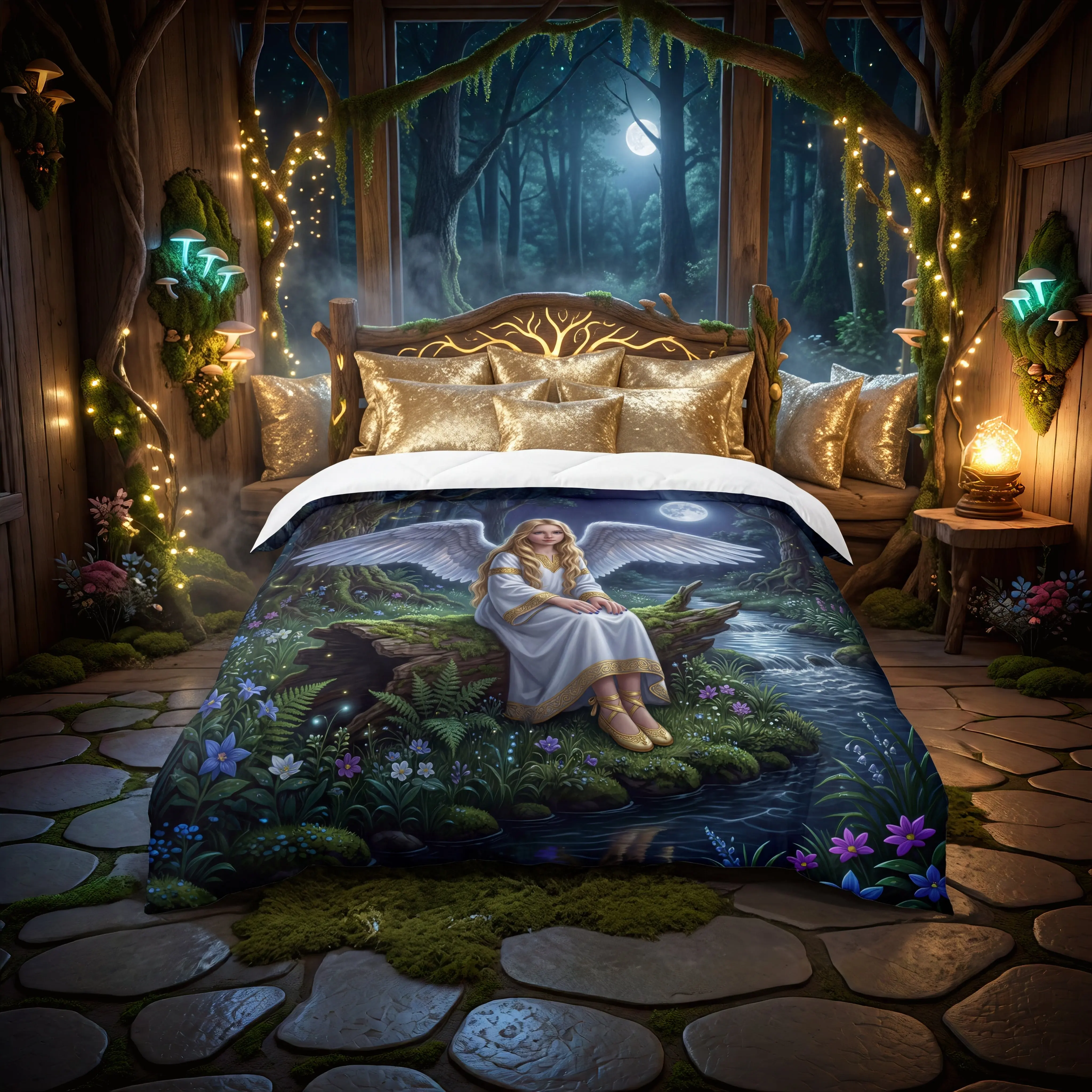 Moonlit Angel Comforter Bedding Set, Angel Girl Print, Fantasy Theme, Lightweight Warmth, Multi-Size Enchanted Forest Bedding for Bedroom Decor