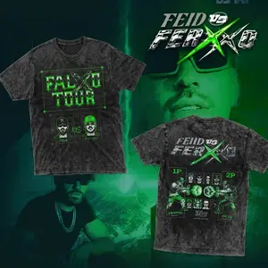 Feid vs Ferxxo FALXO Tour Versus T-Shirt Acid Washed Black – El Mano a Mano Del Año Neon Green Cyber Y2K Graphic Tee, Latin Trap Concert Merch, Arcade Streetwear Oversized Unisex Washed Shirt