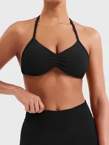 Women's Solid Color Ruched Design Halter Breathable Stretch Sports Bra, Casual Comfy Backless Bra for Yoga Gym Workout, All Seasons Sportswear, Strappy Workout Bra, Backless Yoga Bras