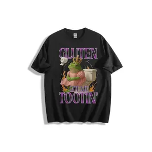 Gluten Got Me Tootin' Frog Royal Figure on Toilet Humorous Whimsical Art Print - Funny Kitchen Bathroom Wall Decor Poster, Purple White Gradient Text, Orange Yellow Flames, Black Background -