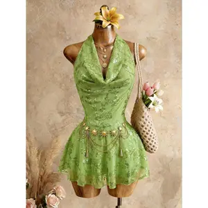 Women's Floral Sequin Draped Neck Vacation Mini Dress Summer,Summer Dresses For Women, Summer Outfits, Summer Clothes