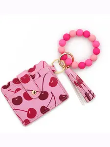 Floral & Fruit Print Wristlet Card Wallet, PU Leather Multi-Card Holder with Beaded Keychain, Versatile Daily Organizer