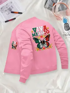 VIVA MEXICO Butterfly Floral Printed Jacket, Women, Exquisite Printed Pocket Design, Casual Zipper Design, Comfortable Stretch Fabric, Formal Wear, Trendy Daily Wear & Outdoor Activities