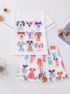 2-Piece Cute Sunglasses Dog Cartoon Short Sleeve Shorts Set, Cartoon Print Pajama, Summer Casual, Round Neck Loose Fit, Kids Home Wear