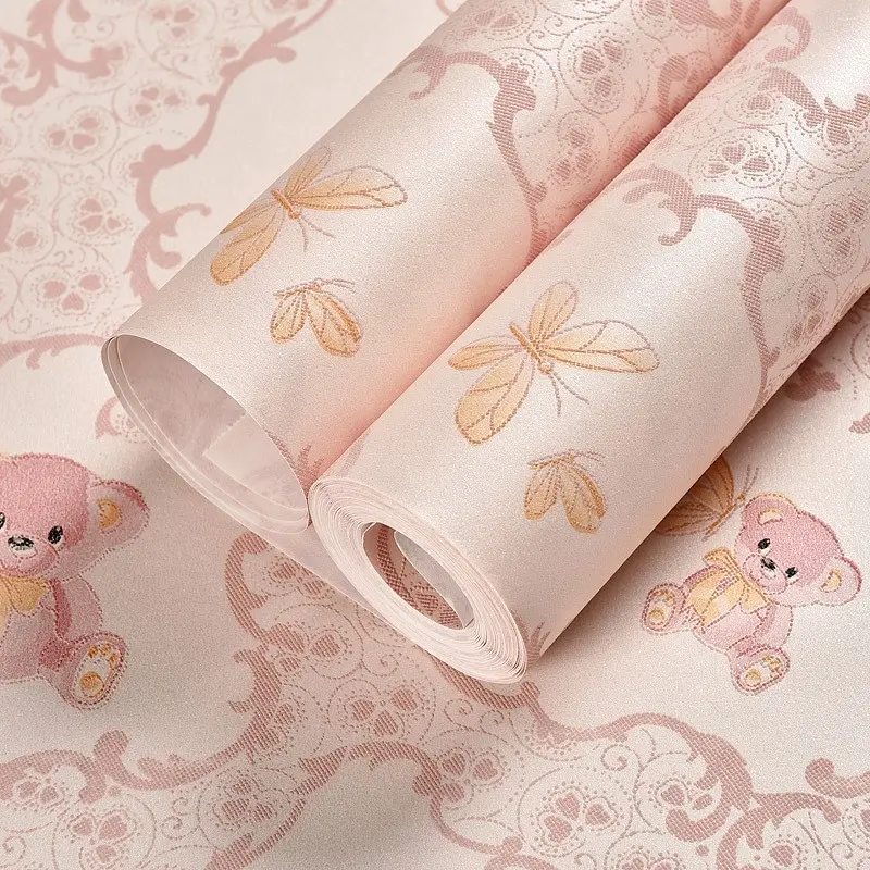 A roll of 3D self-adhesive cartoon bear wallpaper, Sticky Wallpaper Peel And Stick, Decorative Wallpaper, European-style pastoral pink and blue, perfect for bedrooms, living rooms; easy to peel and stick for home decoration