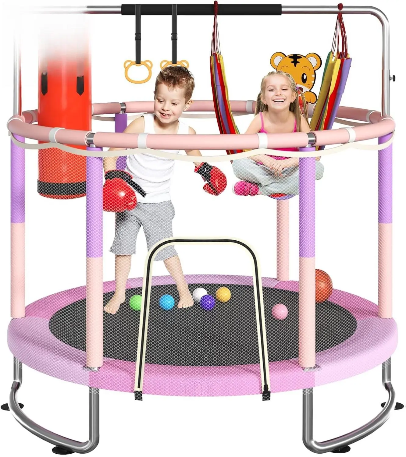 Safe & Fun Kids Trampoline with Adjustable Gymnastics Bar & Toys - 440lbs Capacity, 360° Safety Pad, Galvanized Spring Technology, Perfect Gift for Ages 1-8