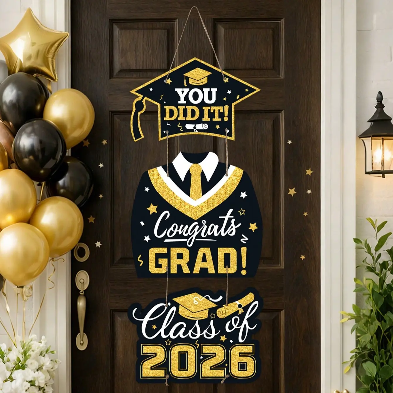 1 Set Graduation Party Door Hanging Decor, Black & Gold Paper Door Curtain With Graduation Cap & Gown Pattern, Can Be Used As Photo Backdrop Banner, Graduation Theme Backdrop, Party Decorations Banners, Graduation Party Supplies