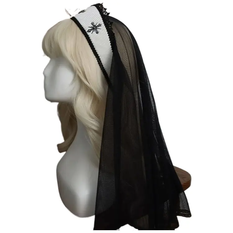 Halloween Witch Gothic Lolita Dark Holy Maiden Church Cross Embroidery Sparkle Diamante Cape Veil