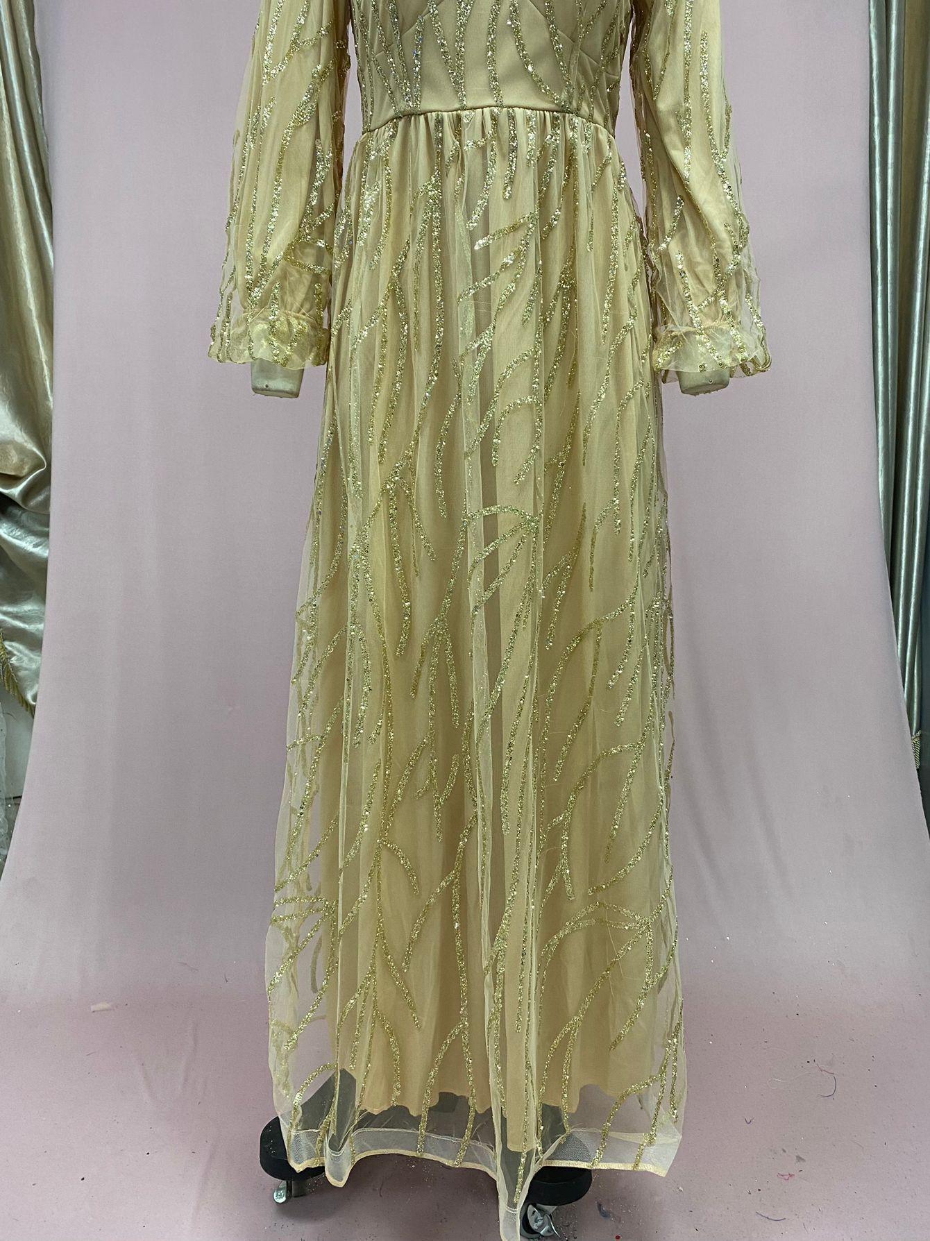 Women’s Gold Beaded Evening Gown, Luxury Sequin Long Sleeve Maxi Dress with Puff Sleeves, Elegant Formal Ball Gown for Wedding, Gala, Prom, Banquet, Stage Performance and Special Events S-3XL